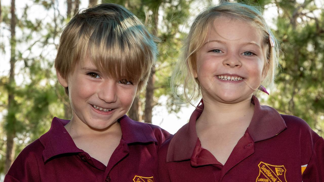 MY FIRST YEAR 2024: Southbrook State School Prep students Henry and Isabelle. Absent: Winter, March 2024. Picture: Bev Lacey