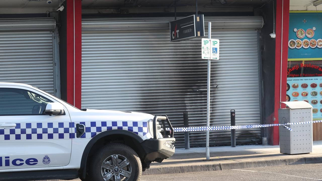 Police at the scene of a tobacco shop fire bombing in Fawkner. Thursday, October 24. 2024. Picture: David Crosling