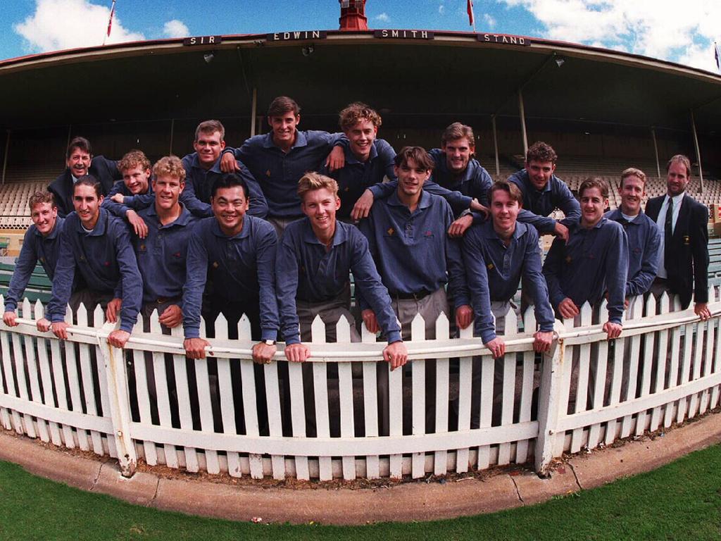 Australian Institute of Sport (AIS) Cricket Academy Intake for 1995 : (Back Row L-R) Rod Marsh (Head Coach), Clinton Peake, Matthew Mott, Mike Hussey, Matthew Nicholson, Mark Harrity & Kade Harvey : (Front Row L-R) Corey Richards, Jason Gillespie, Evan Arnold, Richard Chee Quee (Scholarship Coach), Brett Lee, Ian Hewett, Stephen Bell, Peter Roach, Clinton Perren & Richard Done (Coach). Picture: Pip Blackwood.