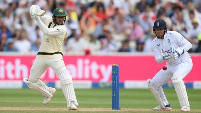 Usman Khawaja plays a cut shot during his unbeaten innings Picture: Getty Images