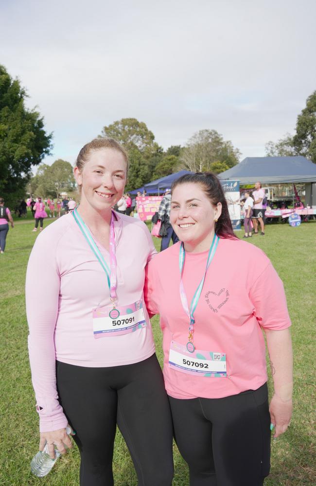 Thalia Lawson (left) and Megan Horwood at the Mother's Day Classic Toowoomba fun run at Middle Ridge Park, which raised money for breast and ovarian cancer research.