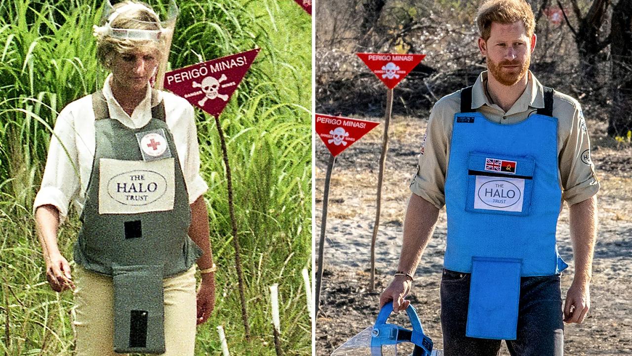 In many ways Princess Diana’s life and Harry’s life to date have a certain symmetry. Here they’re both shown raising awareness of landmines. Pictures: The HALO Trust / AFP