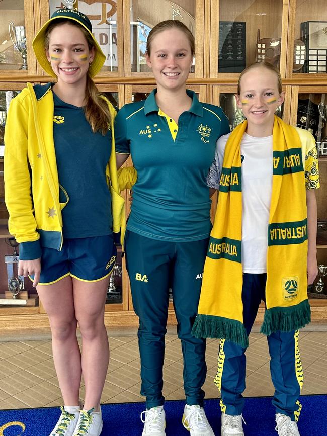 On Friday, St Hilda's farewelled Holly Warn who is heading to the 2024 Paralympics. From left, Elle Warn Year 12, Holly Warn and Lani Warn Year 7. Picture: Supplied