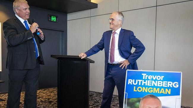 Malcolm Turnbull with LNP Longman candidate Trevor Ruthenberg at a seniors forum north of Brisbane yesterday. Picture:  AAP