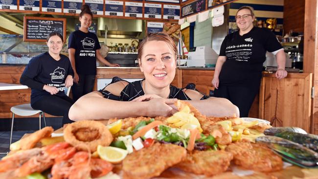 Terrigal Beach Fish & Chip Co owner Sabina Kelley (front) & staff (back l-r) Teagan Kilbride, Teal Kilbride and Alex Rooney today. They have been voted the state's No. 1 fish and chip shop. Pictures: Troy Snook