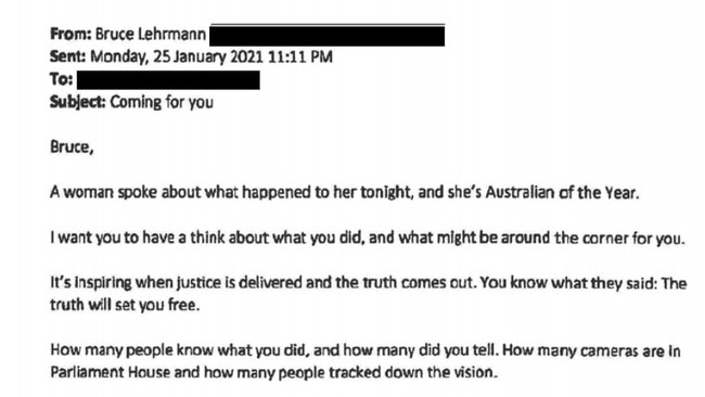 An email sent to Bruce Lehrmann in January 2021, which he told the court he believed Mr Sharaz sent. Picture: Supplied.