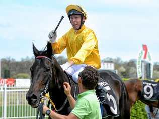 FINE FEAT: Jockey Ronnie Stewart shows his delight after riding Cymbalism to victory at Ipswich racetrack. Picture: Rob Williams