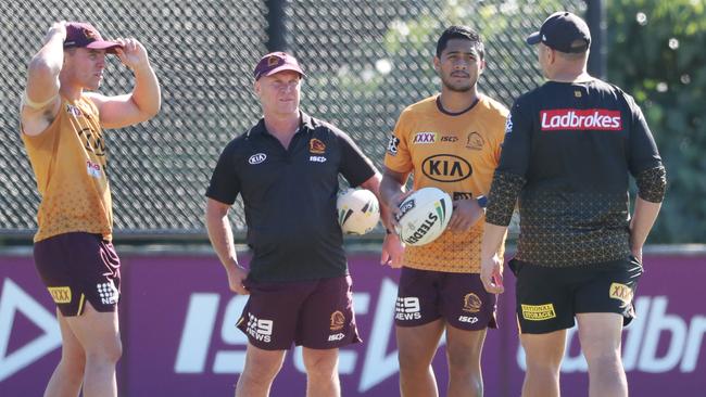 Allan Langer plays a key role as the man who passes on coach Anthony Seibold’s messages to Broncos players. Picture: Peter Wallis