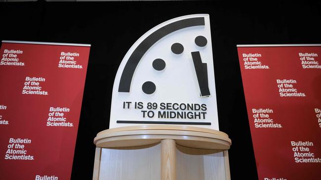 WASHINGTON, DC - JANUARY 28: The 2025 Doomsday Clock time is displayed after the time reveal held by The Bulletin of the Atomic Scientists at the United States Institute of Peace on January 28, 2025 in Washington, DC. The Doomsday Clock, currently the nearest it has been to midnight at 89 seconds, is a symbol for how close humanity is to a âglobal catastropheâ.   Kayla Bartkowski/Getty Images/AFP (Photo by Kayla Bartkowski / GETTY IMAGES NORTH AMERICA / Getty Images via AFP)