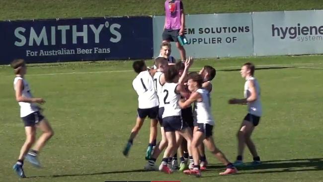 Vic Country teammates celebrate the win. Picture: AFL Play Youtube