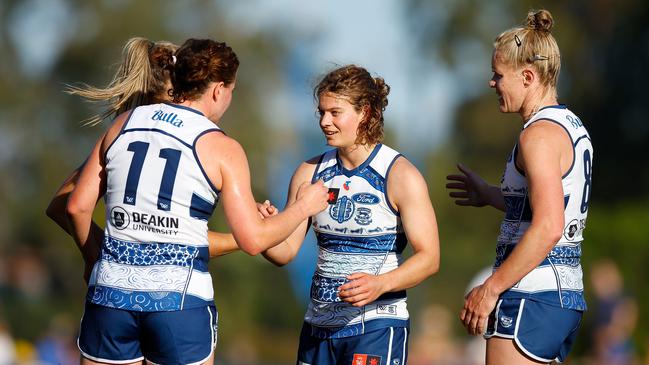 Nina Morrison celebrates with teammates after the Cats’ round 9 win over West Coast Eagles. Picture: James Worsfold/Getty Images