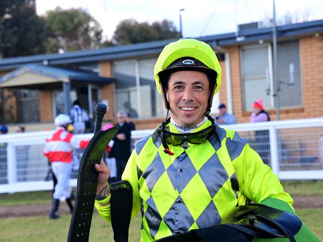 Dean Holland after winning the The Bottle O Swan Hill 0 - 58 Handicap at Swan Hill Racecourse on August 07, 2022 in Swan Hill, Australia. (Photo by Brendan McCarthy/Racing Photos via Getty Images)