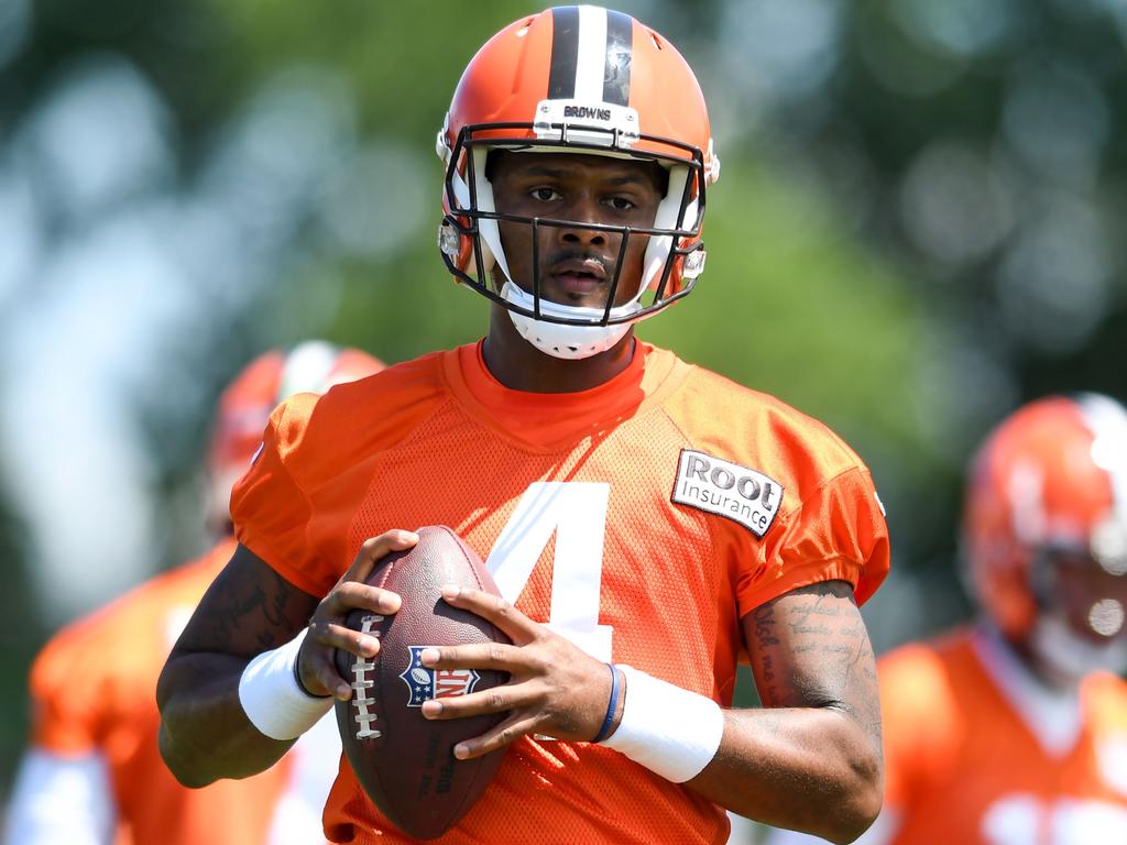 Deshaun Watson runs a drill during a Cleveland Browns training camp. His move to the Browns has been overshadowed by mass allegations of sexual assault. Picture: Nick Cammett/Getty Images/AFP