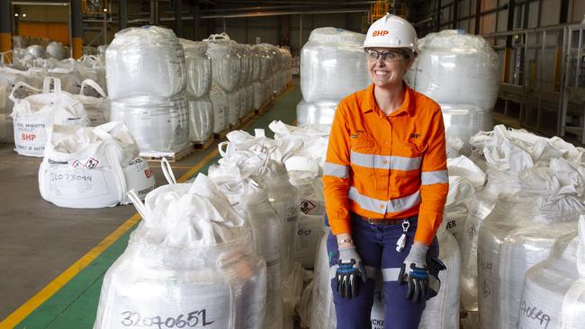 BHP Nickel West Asset boss Jess Farrell with bags of nickel product at BHP's refinery at Kwinana. Picture: BHP