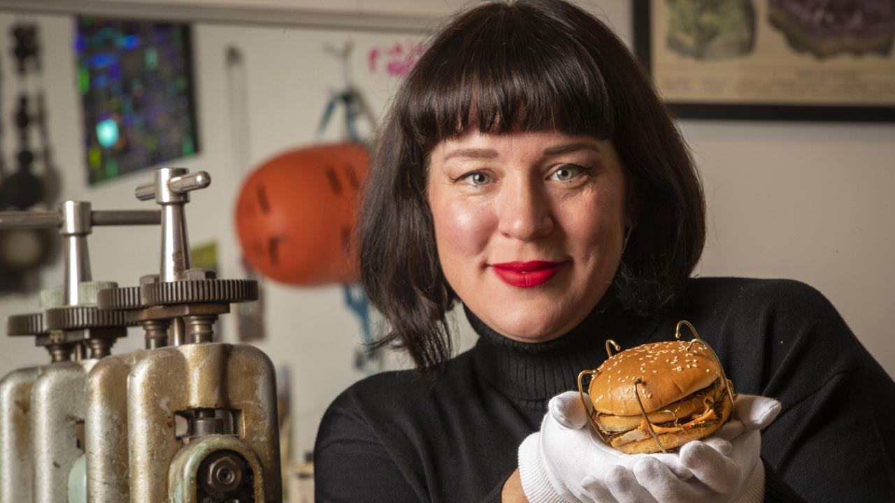 Hobart artist Emma Bugg who has created a wearable brooch out of a Big Mac burger that will be part of MONA gala auction. Picture: Chris Kidd