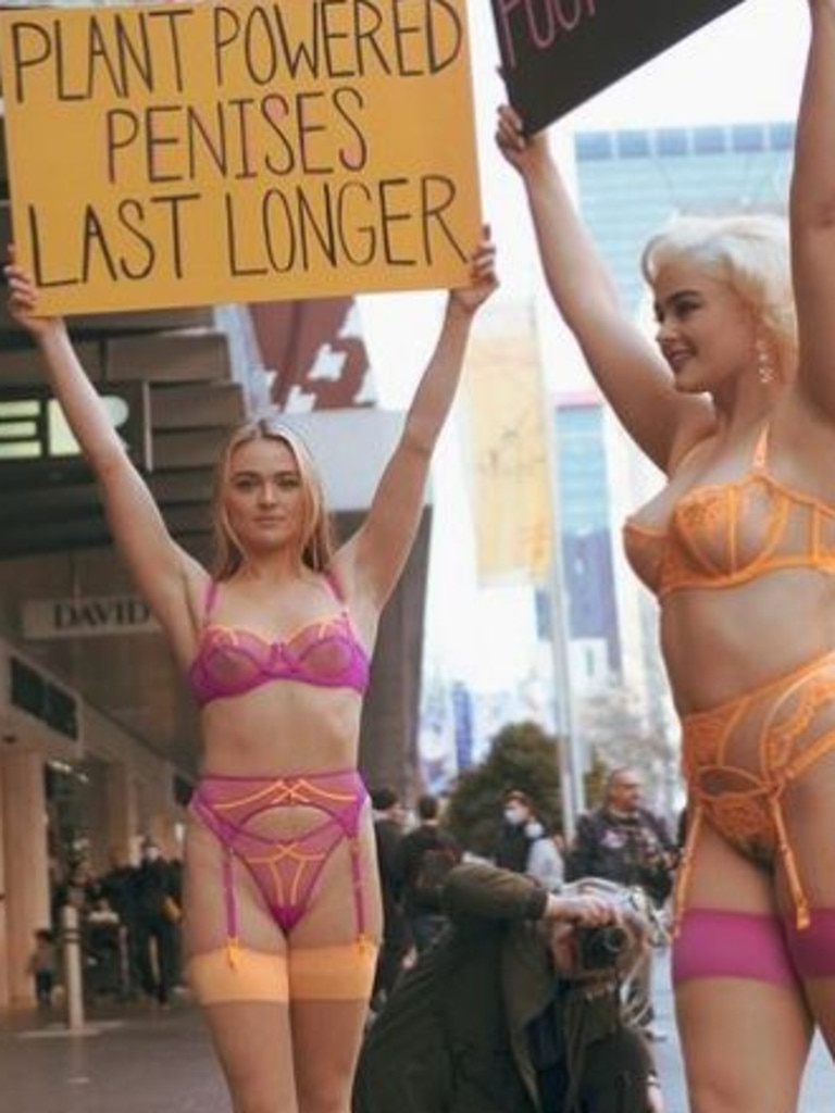 Tasha Peterson (left) now regularly protests in busy streets in just lingerie. Picture Instagram