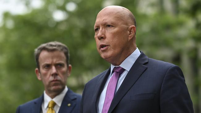 Leader of the Opposition Peter Dutton and Dan Tehan hold a press conference at Parliament House in Canberra. Picture: NCA NewsWire / Martin Ollman