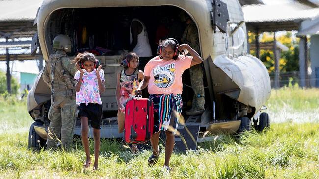 An Australian Army CH-47 Chinook helicopter was tasked with repatriating 22 members of the Yungngora people to their homes in Noonkanbah on the Fitzroy River after they were evacuated due to flooding in the area. Picture: LACW Kate Czerny