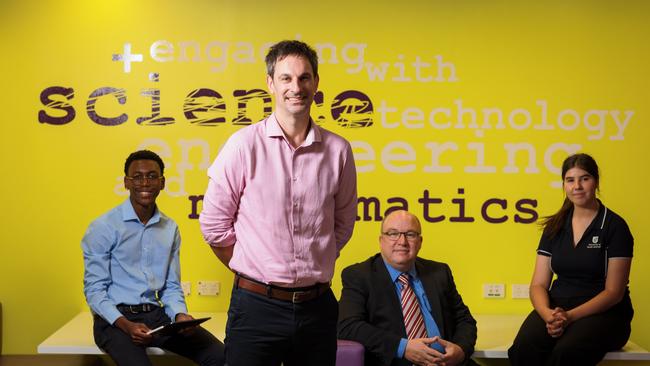 Student Kevin Kiprotich, Dr Tom Raimondo, Stewart von Itzstein, and student Jessica Corns at Mawson Lakes. Picture: Matt Turner.