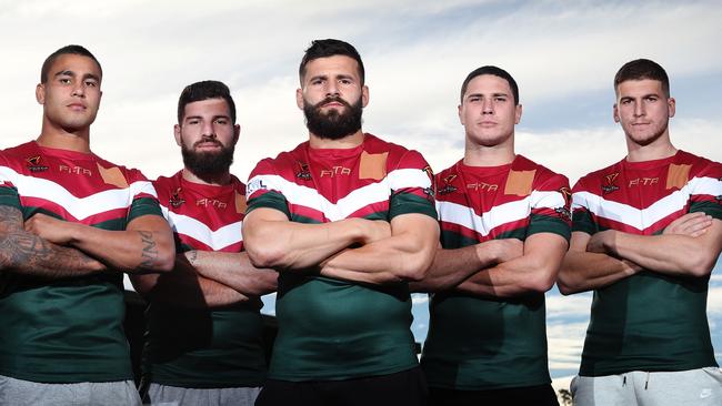 Lebanese rugby league players Michael Lichaa, Abbas Miski, Josh Mansour, Mitch Moses and Adam Doueihi are fighting against their governing body. Picture: Brett Costello