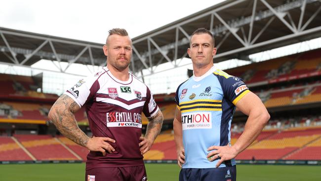 Burleigh's Luke Page and Norths’ Luke Archer. Picture: Peter Wallis