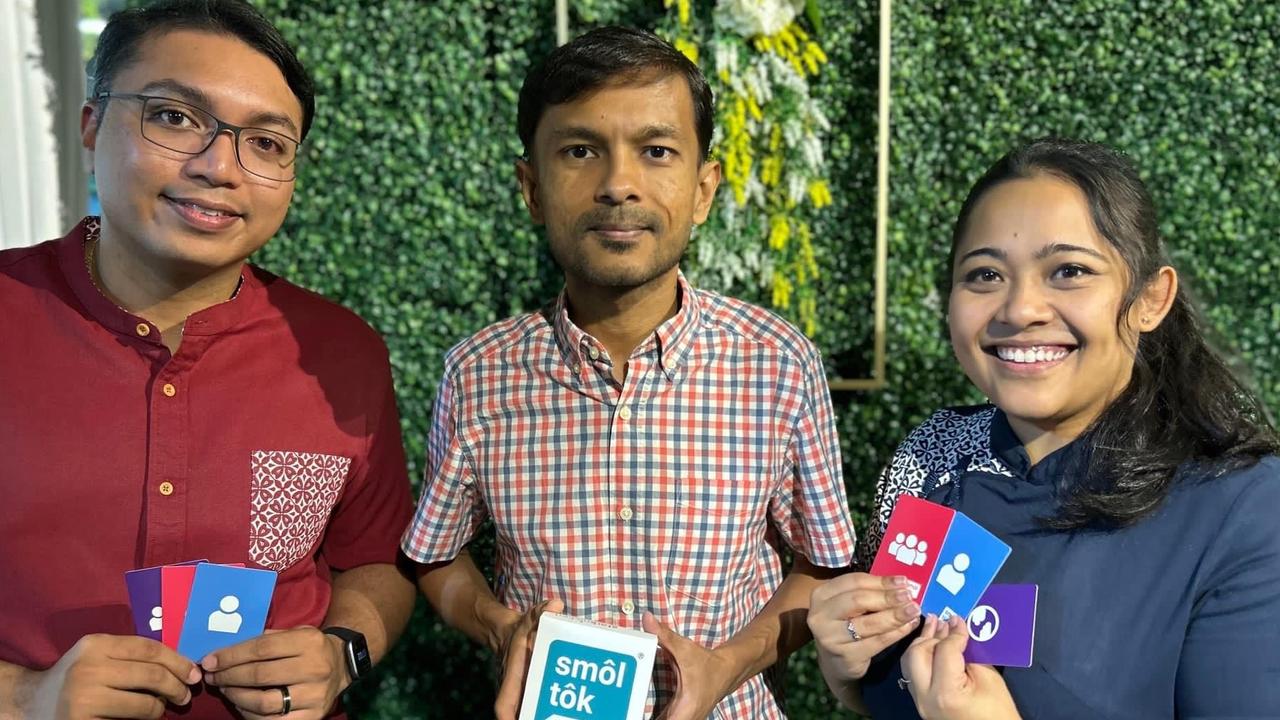 Singapore-based Diversity by Default team (from left) Zachary Gerard Dason, Basil Kannangara and Beverley Anne Kannangara will present their innovative diversity card game at the National Peace Conference in Toowoomba on November 18, 2023.