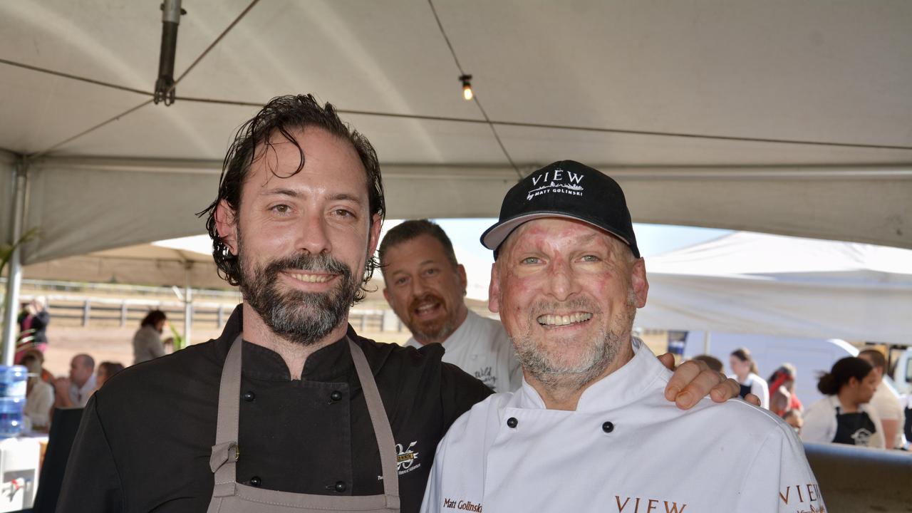 Nik Flack from The Flackyard at Pinnacle and celebrity chef Matt Golinski, with a cameo from the Wild Canary's Glen Barratt (centre), at the Greater Whitsunday Food Network's Lunch at the 2021 St Lawrence Wetlands Weekend. Picture: Rae Wilson