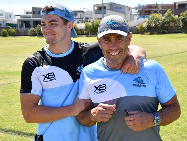 Kyle Flanagan with dad Shane Flanagan at Cronulla in 2019. Credit: NRL Images.