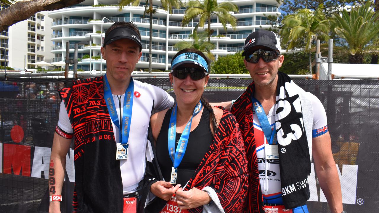 Shane Hatton, Michelle Pepperall and Terry Jones at the Sunshine Coast Ironman 70.3 at Mooloolaba 2022.