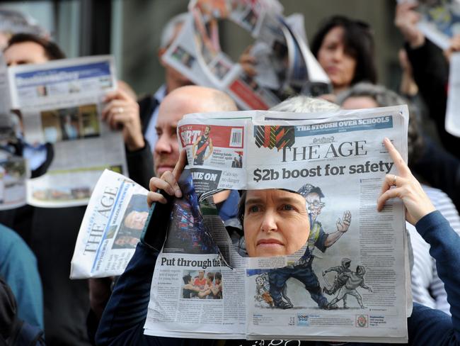 Staff at THE AGE newspaper in Melbourne walk out in protest at Fairfax's latest staff cuts, Wednesday, 3 May, 2017. Journalists at Fairfax Media have gone on strike for a week following the company's decision to cut a quarter of the remaining journalists at its major Australian newspapers. (AAP Image/Joe Castro) NO ARCHIVING