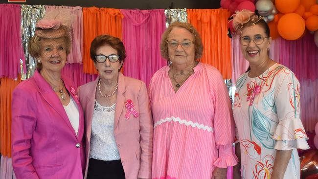 Patricia Davey, Ellen Cogill, Val Beak and Donna Kirkland at the Rockhampton Jockey Club's Pink Ribbon Stradbroke Charity Race Day at Callaghan Park on June 15, 2024.