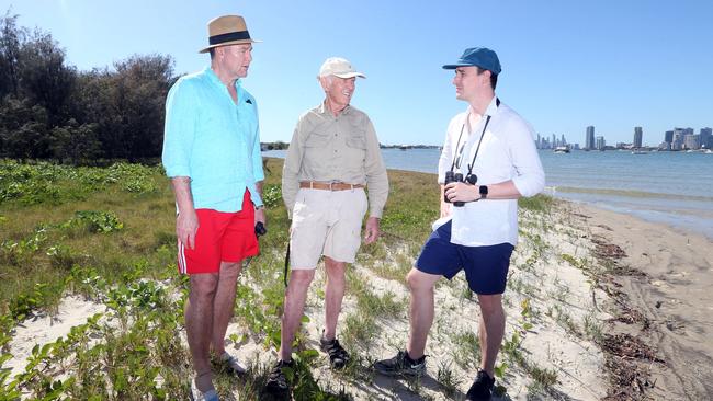 Surfers Paradise MP John-Paul Langbroek with Bonney MP Sam O’Connor and conservationist Bob Westerman on Curlew Island. Picture: Richard Gosling.