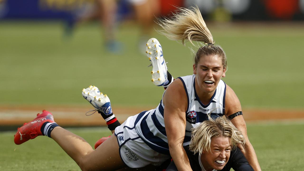 Geelong’s Rebecca Webster tackles Saint Kate McCarthy. Picture: Darrian Traynor/Getty Images