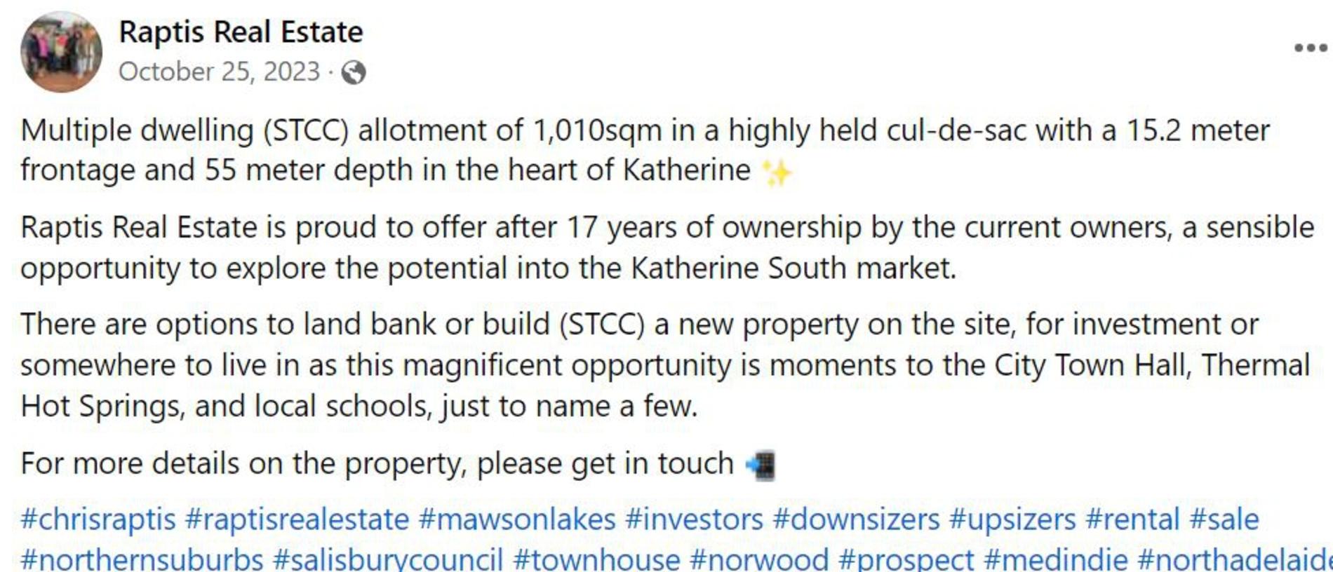 Raptis Real Estate marketing a property at Katherine despite not holding the relevant real estate licence in the NT at the time. Picture: Facebook