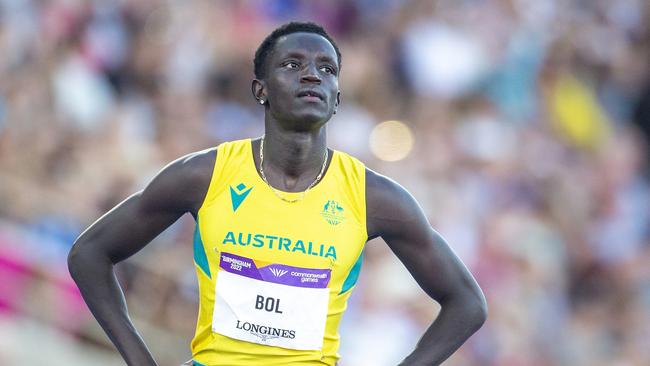 BIRMINGHAM, ENGLAND - AUGUST 7: Peter Bol of Australia before the start of the Men's 800m Final during the Athletics competition at Alexander Stadium during the Birmingham 2022 Commonwealth Games on August 7, 2022, in Birmingham, England. (Photo by Tim Clayton/Corbis via Getty Images)
