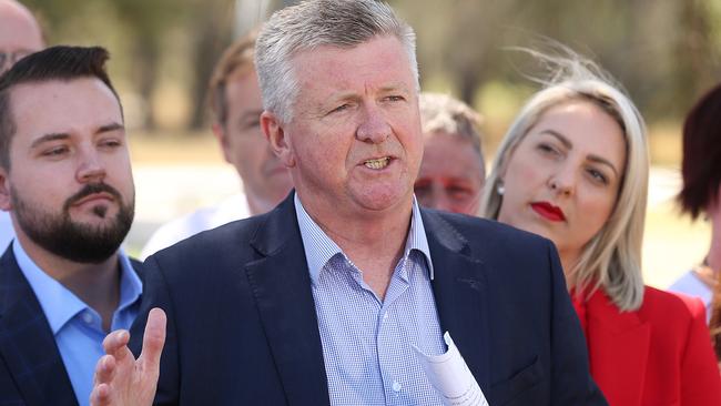 Labor candidate for Brisbane Lord Mayor Patrick Condren, pictured with Opposition leader Jared Cassidy and Opposition deputy leader Kara Cook. Picture: Lyndon Mechielsen/The Australian