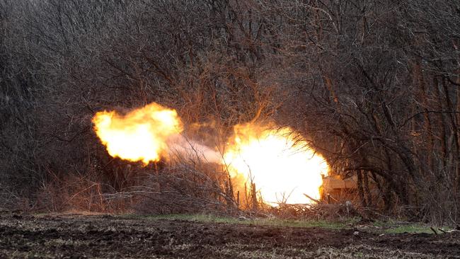 Ukrainian artillery shells Russian troops' position on the frontline in the Luhansk region earlier this month. Picture: AFP