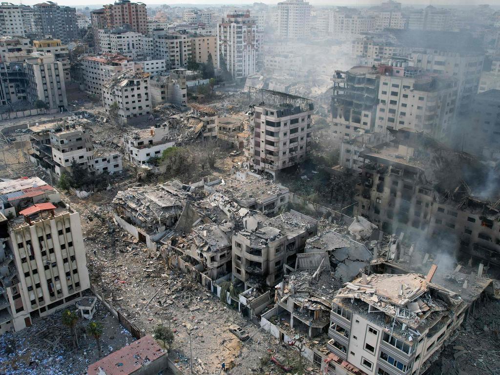 Aerial photo shows heavily damaged buildings following Israeli air strikes in Gaza City on October 10, 2023. Picture: BELAL AL SABBAGH / AFP