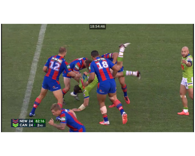 Sione Mata’utia was suspended for this tackle on Shaun Fensom.