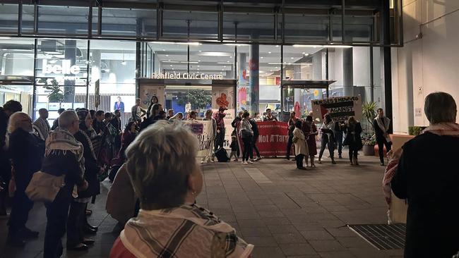 A photo of protesters gathered outside Inner West Council’s chambers last year ahead of a vote relating to Israel.