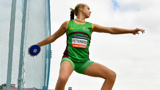 Macie Petterwood (TAS) competes in the Girls U14 Discus.