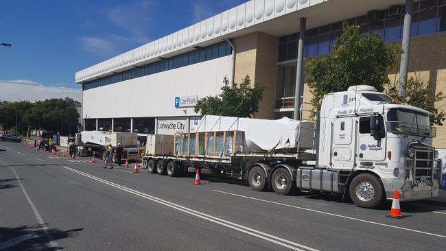 Trucks roll in carrying the new travelators for the upgrade of Lutwyche City Shopping Centre. in 2017