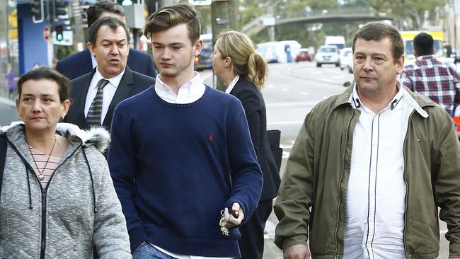 Jordan's Mother Jayne McGonigal, his brother Leyton Morris and his father Michael Morris head into Glebe Coroners Court during the inquest. Picture: John Appleyard