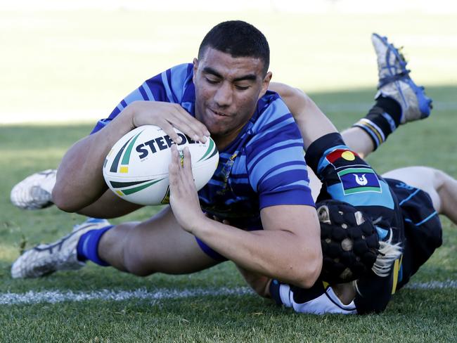 Yeyha Ayache scores in the corner for Patrician Brothers Fairfield during the NRL Schoolboy Cup game between Patrician Brothers Fairfield and All Saints Maitland at New Era Stadium in Cabramatta. Picture: Jonathan Ng