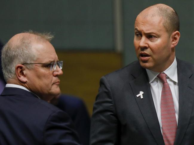 Prime Minister Scott Morrison and Treasurer Josh Frydenberg in Question Time at Parliament House, Canberra. Picture by Sean Davey.