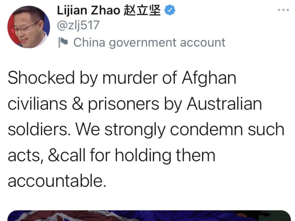 The tweet from Beijing’s foreign ministry spokesman Lijan Zhao flagged as a China Government Account.