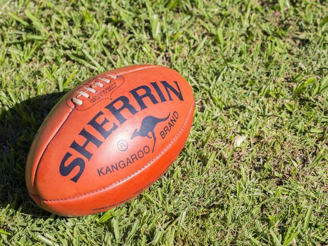 "Lismore, NSW, Australia - May 9, 2012: A Kangaroo Brand Sherrin football sits on grass. This is the official ball of AFL, Australian Rules Football, and has been used since the 1880s"