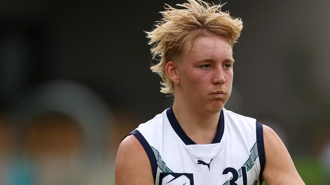 PERTH, AUSTRALIA - JUNE 29: Alixzander Tauru of VIC Country looks to pass the ball during the Marsh AFL National Championships match between U18 Boys Western Australia and Victoria Country at Revo Fitness Stadium on June 29, 2024 in Perth, Australia. (Photo by Will Russell/AFL Photos/via Getty Images)