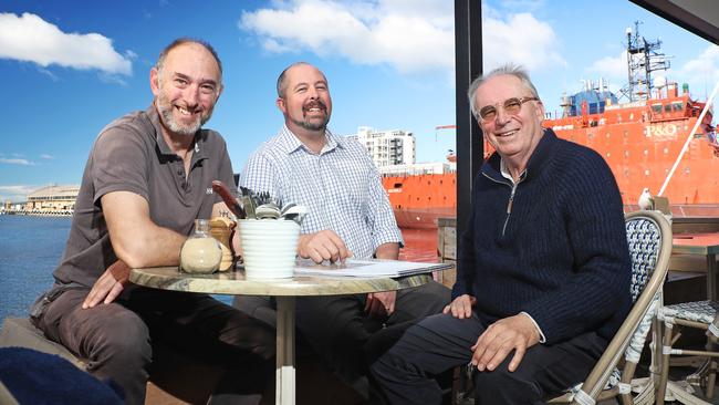 From left, naval architect Fred Barrett, Sam Ibbott and architect Robert Morris-Nunn at Brooke Street Larder. Picture: LUKE BOWDEN