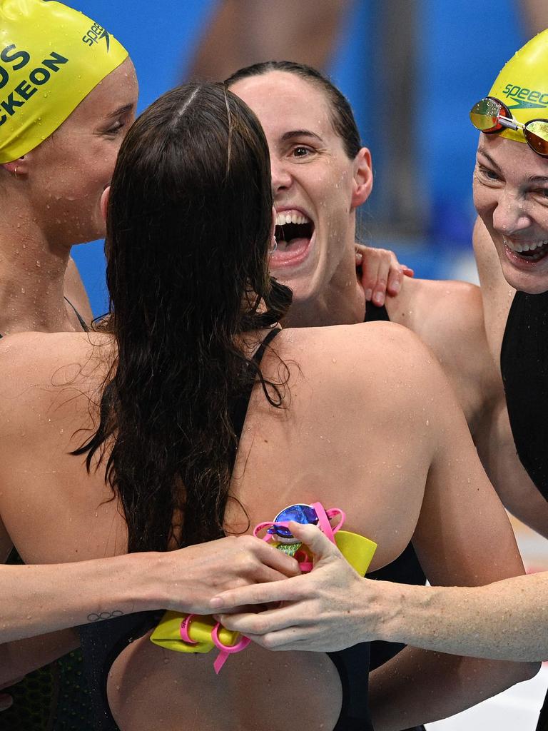 The Australians embrace post-race.